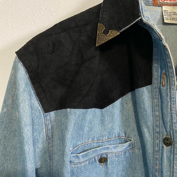 Vintage Western Denim Suede Metal Detailed Long Sleeve Button-Down Shirt - Picture 4 of 8